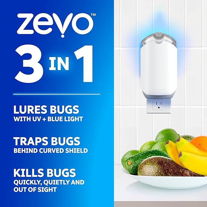 Zevo 2 Flying Insect Traps &amp 4 Refill Cartridges - Plug in Fly Trap &amp Indoor Bug Catcher for Gnats House &amp Fruit Flies - Blue &amp UV Light Technology Mess-Free Alternative to Bug Zappe