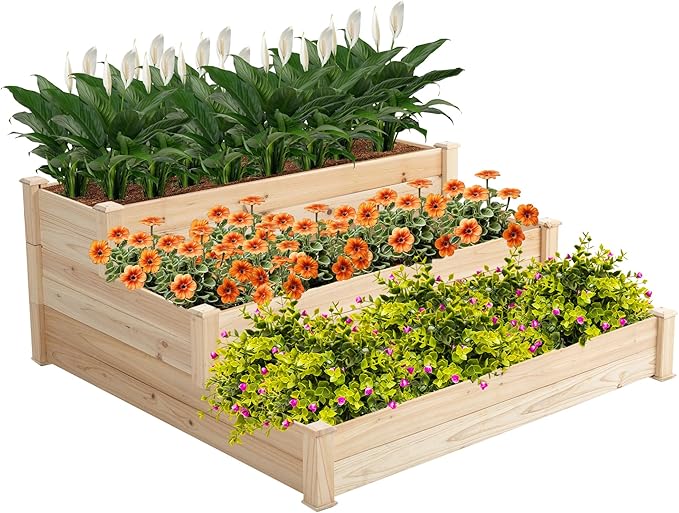GERRIT 48.6 x 48.6 x 21inch 3 Tier Raised Garden Bed Horticulture Outdoor Elevated Flower Box Wooden Tiered Garden Bed Vegetables Growing Planter for Backyard/Patio/Gardener (Natural)