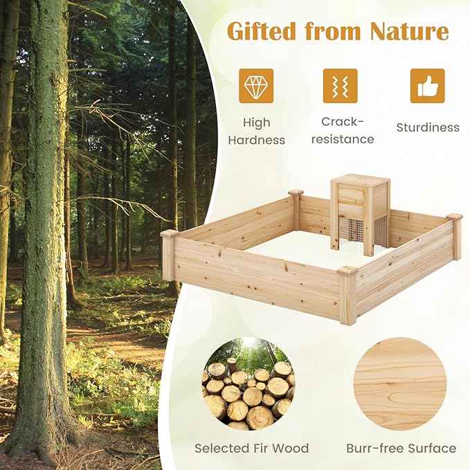 Giantex Raised Garden Bed 49x49x10 Wood Planter Box Kit w/Compost Bin &amp Open-Ended Bottom for Vegetables Flowers Herbs Fruits Elevated Square Planting Bed for Patio Backyard Garden