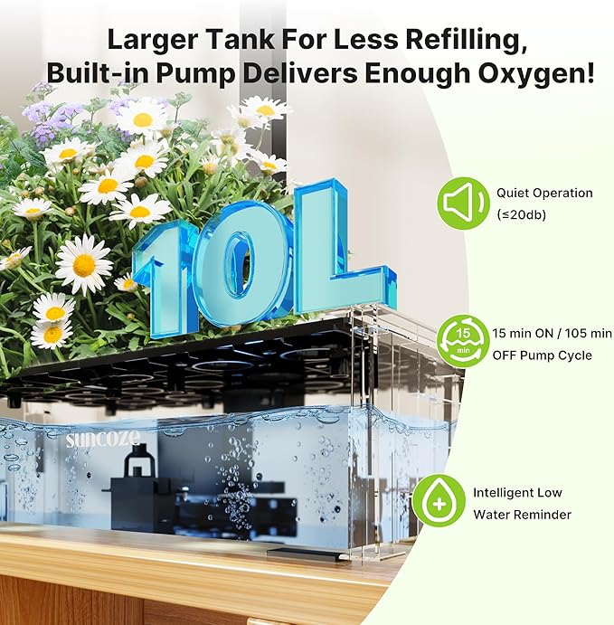 SUNCOZE 20 Pods Hydroponics Growing System Kit Indoor Herb Garden with 30W LED Grow Light 10L Large Water Tank Up to 25 Height Plants Germination Kit with Quiet Pump Black