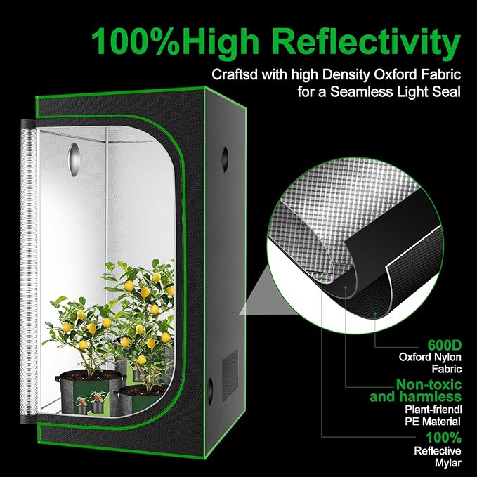 MELONFARM 32x32x63'' Grow Tent High Reflective 600D Diamond Mylar Canvas with Observation Window and Floor Tray for Hydroponic Indoor Plant Growing