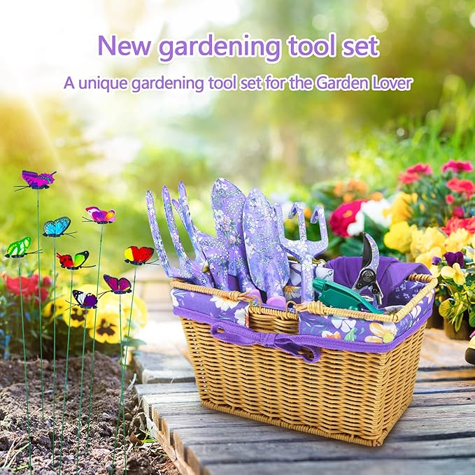 EAONE 43Pcs Garden Tools Set with Basket Floral Gardening Hand Tools Gardening Gifts for Women and Plant Lovers Heavy Duty Tools Kit Including Gardener Gloves Trowel Weeder Hand Rake and Pruner