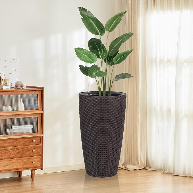 IndoorOutdoor The Appearance is Made of Rattan Planter22.5 inch Brown Plastic Large Plant Pot with Automatic Watering System for Home and G (Brown 22.5 inch 2 Pack)