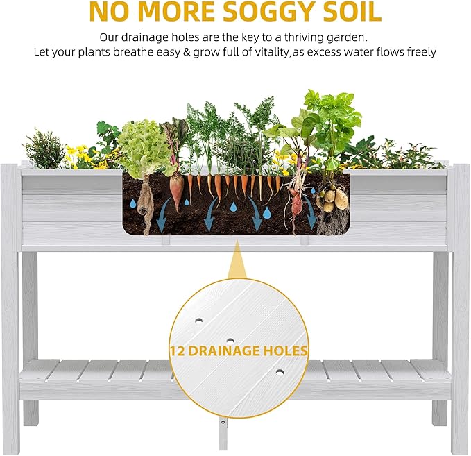 DWVO 48x18x30in Raised Garden Bed HDPE Poly Wood Planter Box StandWeather-Resistant Planter Box with Legs &amp Storage Shelf Elevated Garden Bed for Backyard Patio Balcony White