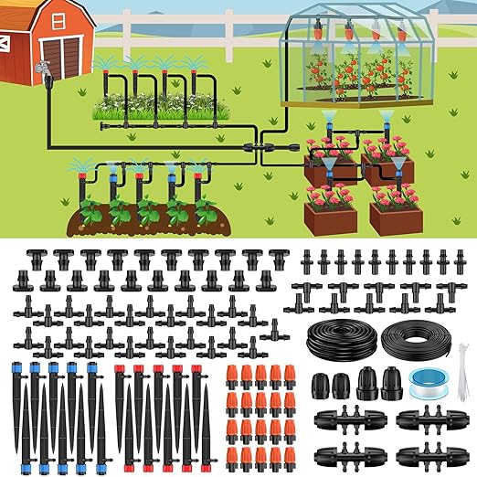 Pawfly Drip Irrigation System for Garden 240FT Drip Irrigation Kit with 1/2 &amp 1/4 Tubing Adjustable Emitters Fittings and Accessories Garden Watering System for Garden Greenhouse Lawn Yard