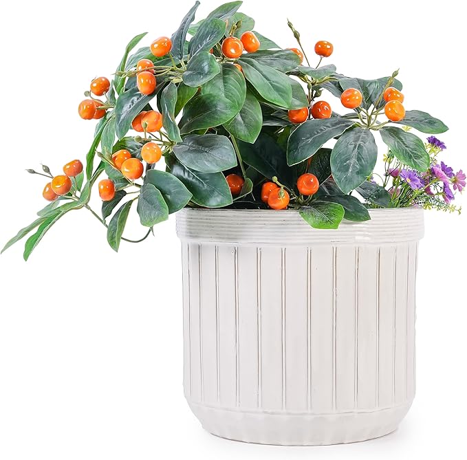 Handmade White Ceramic Planter Set of 4 681012 Inch Diameter Vertical Line Pattern for Succulents Cacti IndoorOutdoor Use on Windowsill Bookshelf Breathable Material