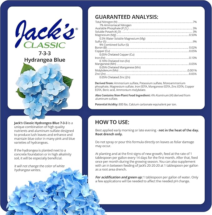 Jack's Classic 7-3-3 Hydrangea Blue Water-Soluble Fertilizer with Micronutrients to Enhance Blue Flowers 1.5lbs
