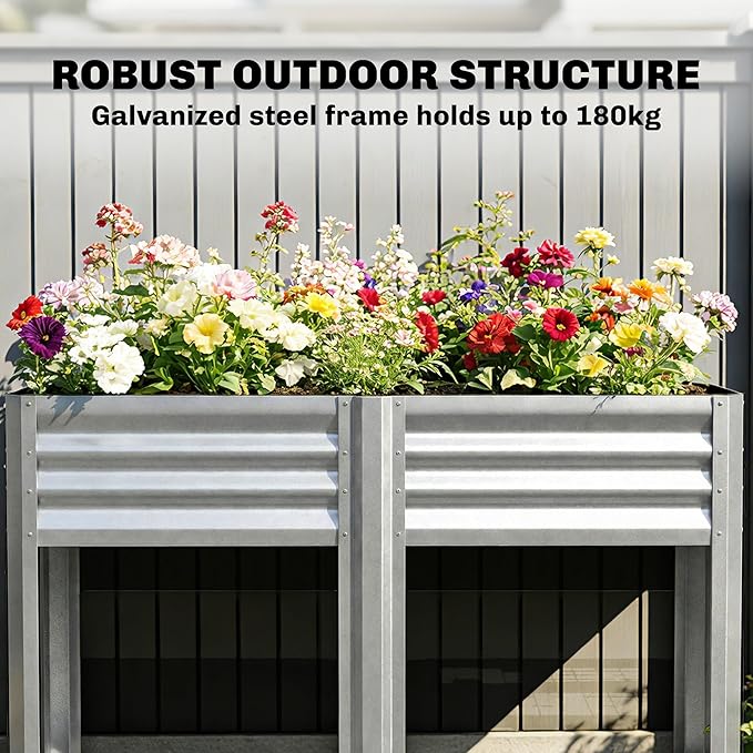 Outsunny Galvanized Steel Raised Garden Bed with Storage Shelf and Bed Liner Elevated Planter Box with Legs for Flowers Vegetables and Herbs for Outdoor Patio Yard Glove Included Silver