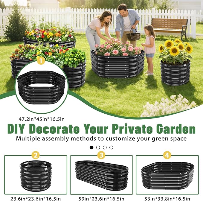 Hexagon Raised Garden Bed 48 Inch Diagonal &amp 16.5 Inch Tall Galvanized Steel Planter Box with Wave-Shaped Metal Panels for Outdoor FlowerTreeHerb &amp Vegetable Garden (Black 4FT X 1.5FT)