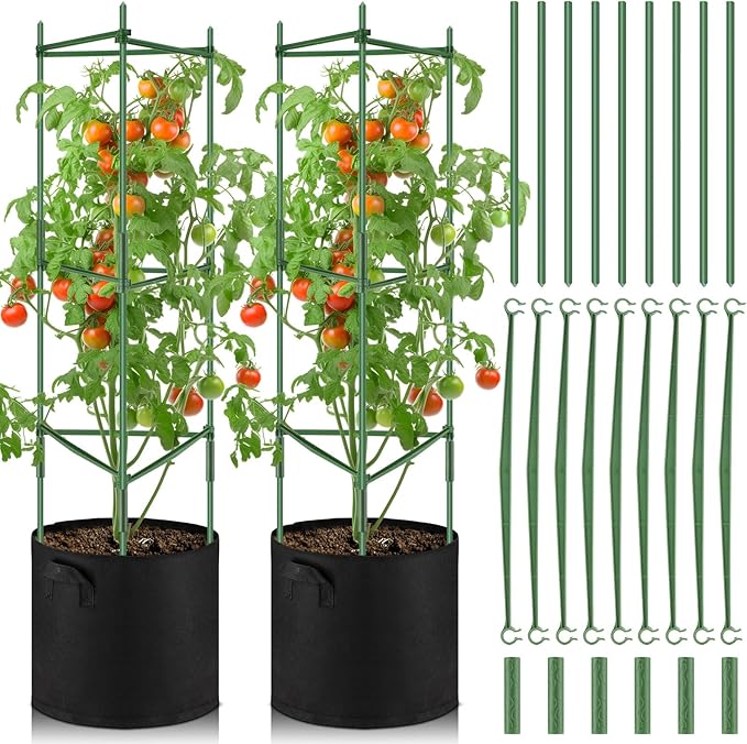 2 Pack 47 Tomato Cages with 10 Gallon Grow Bag Adjustable Tomato Cages for Garden Trellis Pots for Potted Plants Vertical Climbing Vegetables Outdoor Indoor