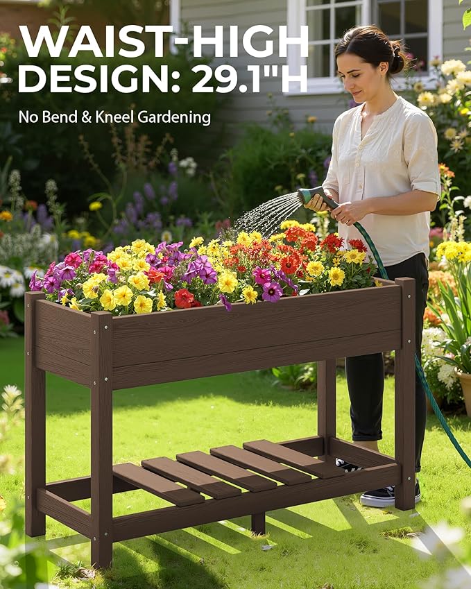SERWALL Raised Garden Bed with Legs 43×17×30 Large HDPE Elevated Planter Box for Vegetables Flower Herb Patio All Weather Use- Brown
