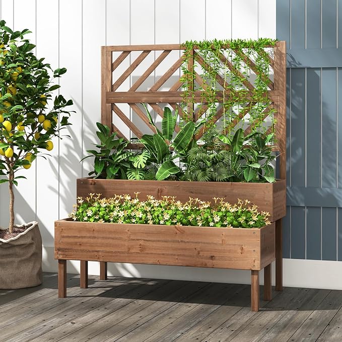Raised Garden Bed with Trellis &amp 2 Planter Boxes 2-Tier Outdoor Wooden Elevated Planter Box with Legs &amp Drainage Holes Gardening Planters for Flowers Herbs Vegetables &amp Fruits(Brown)