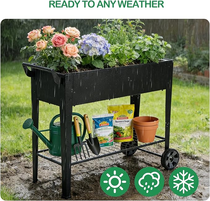 2-Pack 32”Height Elevated Raised Garden Bed with Wheels &amp Storage Shelf 400 Lbs Capacity Anti-Rust Space-Saving Planter for Vegetables Herbs Patio Balcony Backyard