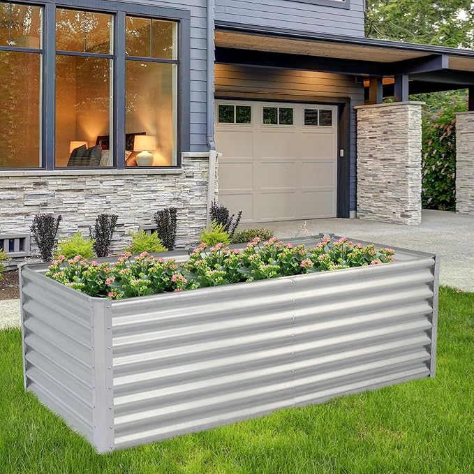 Rectangular Flowers Garden BedsMetal Outdoor Planter BoxLarge Backyard Patio Gardening BoxesGalvanized Raised Garden Bedwith Safety Edging &amp Glovesfor Planting Vegetables Fruits Herbs (Silver