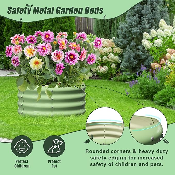 DoCred 3 Pack 2x2x1Ft Round Galvanized Raised Garden Bed Metal Garden Bed Outdoor with Tomato Cages for Gardening Above Ground Planter Box for Plants Vegetables Herbs Flowers Green