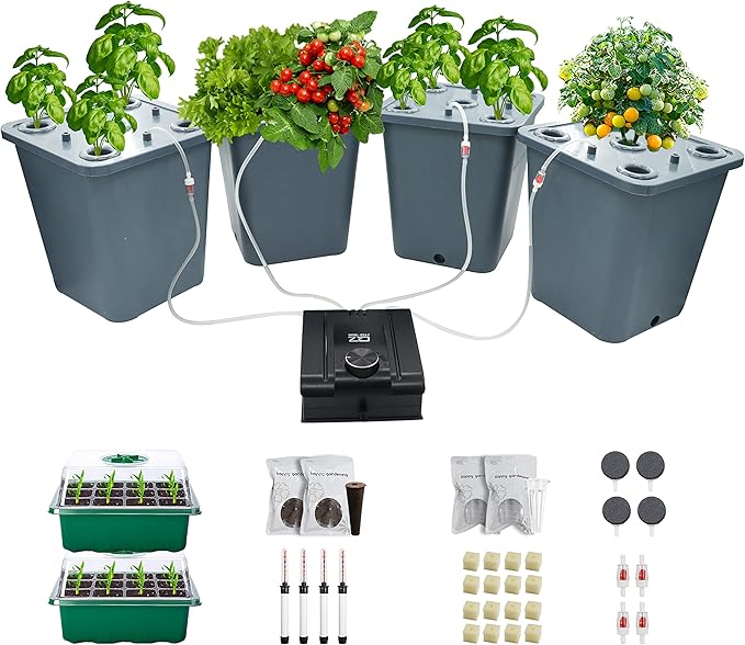 4 Hydroponic Buckets Kit for Plants Hydroponics Growing System for Herbs/Tomato/Vegetables DWC System with Air Pump &amp Germination Tray (Complete Indoor Hydroponic Gardening Supplies)