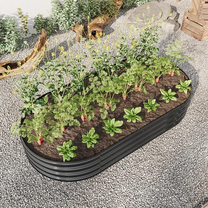 Outdoor Raised Garden Bed for Plants Vegetables and Flowers Oval Large Metal Raised Bed Kit Durable Galvanized Planter Boxes for Garden Backyard Easy Assembly (Black 70.86 x 35.43 x 11.42 in)