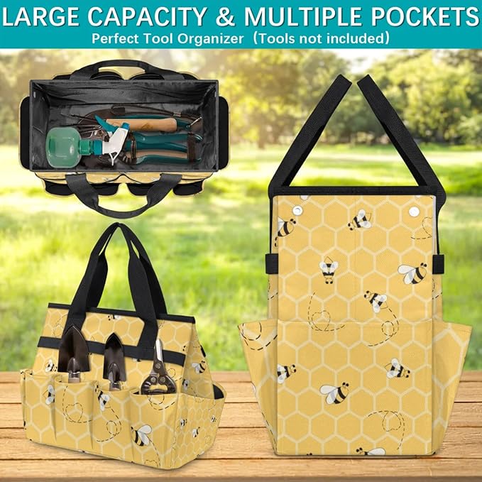 Yellow Bee Gardening Tool BagHeavy Duty Garden Tote BagPortable Oxford Gardening Storage Basket Organizer Handbag with Pockets HandleHand Tools Gifts for Outdoor Garden Lawn Yard