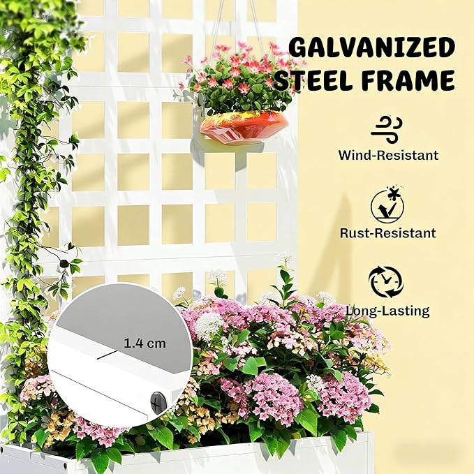 Galvanized Steel Raised Garden Bed with Trellis - Heavy-Duty Metal Planter Box for Vegetables &amp Climbing Plants Weather-Resistant Outdoor Vertical Garden Kit (White)