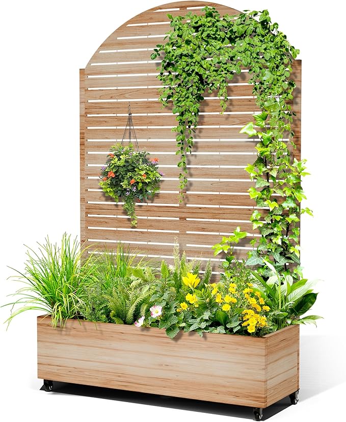 Metal Raised Garden Bed with Trellis 2-in-1 Planter Box &amp Privacy Screen for Climbing Plants Outdoor Standing Flower Bed with Drainage Holes 47.2 L x 16.7 W x 70.8 H Acacia Wood Grain-Louve