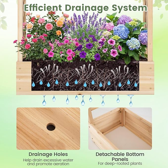 Raised Garden Bed with Trellis Wood Planter Box w/Trellis Hanging Roof Drainage Holes Freestanding Planter Raised Bed for Outdoor Climbing Plants Flowers Patio Yard Balcony (2 Natural)