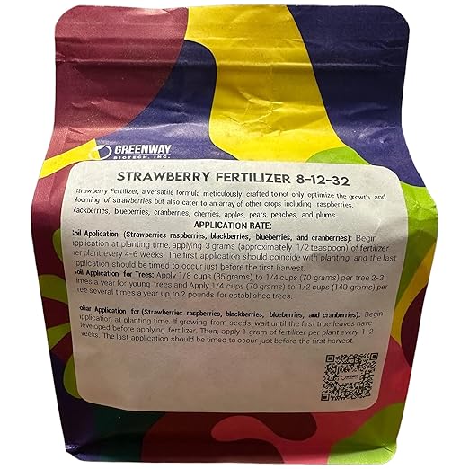 Greenway Biotech Inc. Strawberry Fertilizer 8-12-32 Powder - Water Soluble with Chelated Micronutrients for Strawberries Blueberries Raspberries - Sweeter Larger Fruit - Hydroponics &amp Soil - 2 LB