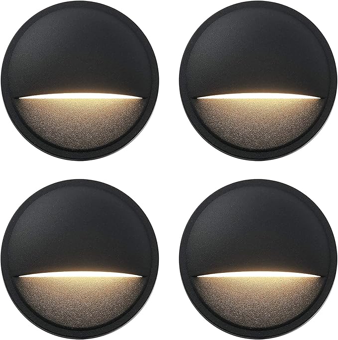 GKOLED 4-Pack Low Voltage Black Round Deck Lights with Mini Size Brass Landscape Spotlight