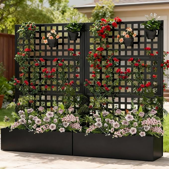 Metal Planter Box with Trellis Black Raised Garden Bed Privacy Screen Planters with Trellis for Climbing Plants Vegetable Flowers Outdoor Indoor Large 1Pc