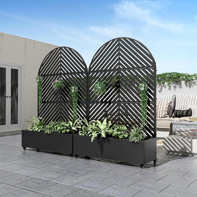Casaphoria Metal Raised Garden Bed with Trellis and Wheels 72x47x16 Arched Planter Box for Climbing Plants Vegetables &amp Vines Features Drainage Holes and Privacy Screen (Black-Parallel)