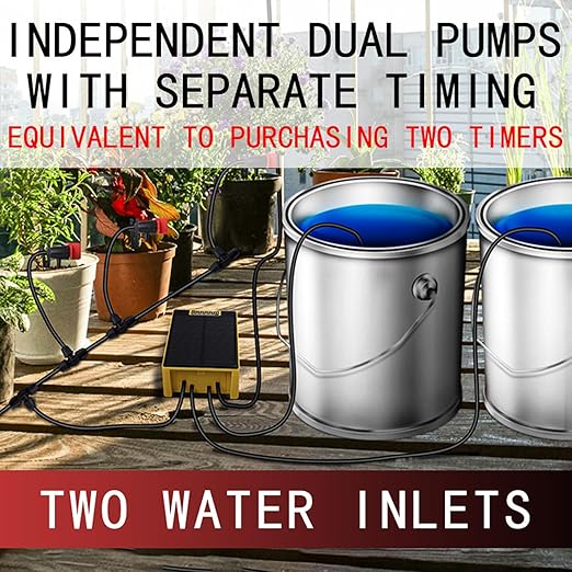 Solar Powered Dual Pump Drip Irrigation KitChild Lock 2 Group Automatic Watering System with Rain Sensing Digital Display Screen for Garden Patio Balcony Vacation (for 20 Pot Plants)
