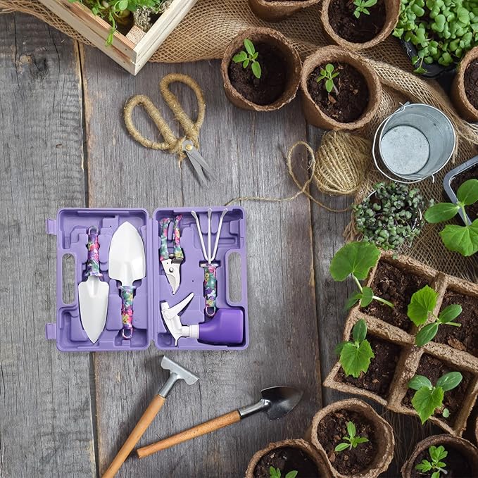 HARFINGTON 1 Set Garden Tool Set 5 Pieces Plastic Gardening Planting Tools Kits with Shovels Rake Cultivator Water Sprayer and Store Case Purple