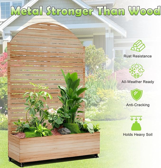 Metal Trellis Planter Box for Climbing Plants Large Raised Garden Bed with Trellis and Wheels 47 L Standing Privacy Planter for Patio with Drainage Holes (Acacia Wood Grain Louvered)