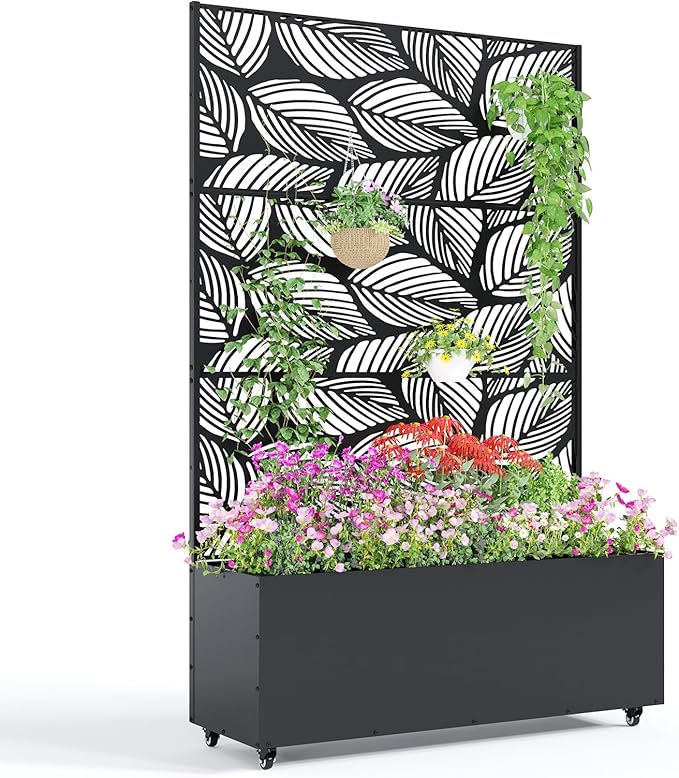 Garvee Metal Raised Garden Bed with Trellis and Wheels 71x47x16 Metal Planter Box with Trellis Privacy Screen for Climbing Plants Vegetable Vines Drainage Holes 15.8 Deep Planting BedBlack