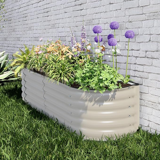 Aoodor 60 L x 15 W x 17 H Galvanized Raised Garden Bed Durable Half Moon Outdoor Planter Box for Vegetables Flowers and Herbs Beige