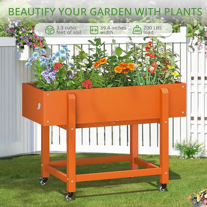 LUE BONA Raised Garden Bed with Wheels 39.4 * 16.7 * 28 in Poly Elevated Outdoor Planter Box with Tools Weather Resistant Standing Growing Bed Herb Planter for Vegetable Flowers Fruits