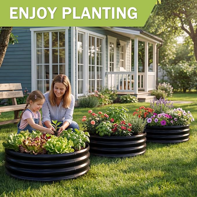 AHEONLAR 3 Pack 2x2x1 ft Round Galvanized Raised Garden Bed Kit Round Metal Flower Box Large Planter Raised Beds Outdoor Garden for PlantingFruitHerb Black