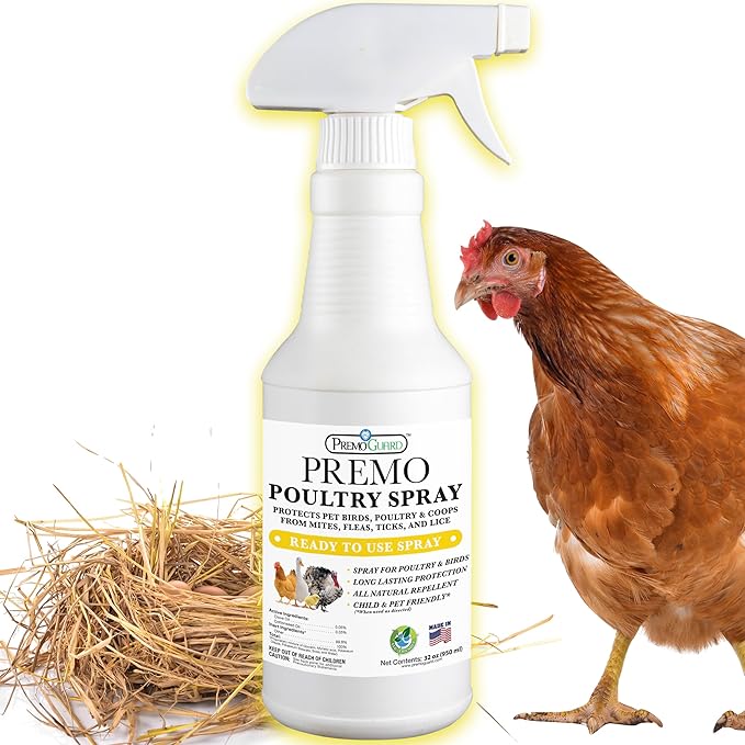 Premo Guard Poultry Spray - 32 oz - Kill Scaly Leg Mites Fleas Lice &amp Other Pest on Chickens and in Coops - Natural Plant Based Oils for Control &amp Prevention - Family Safe with No Egg Wit