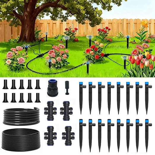 Drip Irrigation Kit Quick Connect Garden Watering System for Lawn Raised Bed Greenhouse Automatic Sprinkler Parts with 16FT 1/2 Main Pipe + 79FT 1/4 Tubing