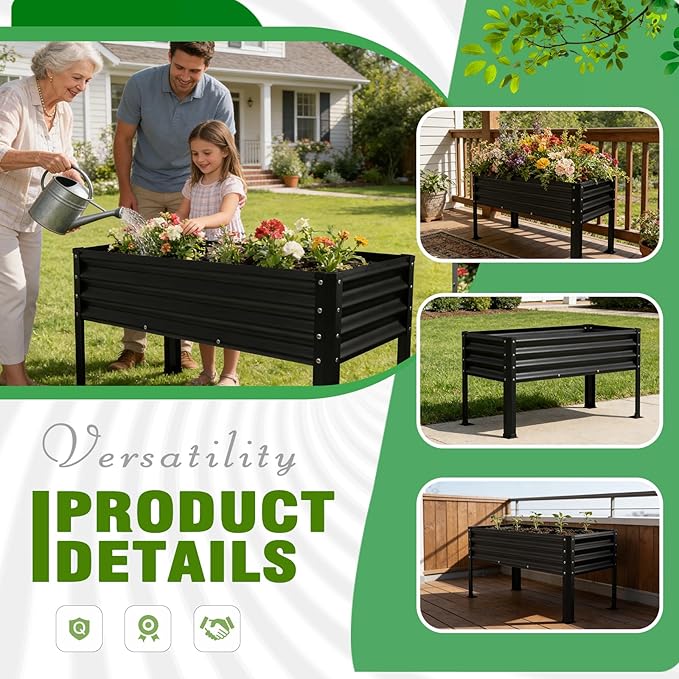 Large Galvanized Raised Garden Bed Outdoor with Legs Load Capacity 1200LB 48x26x30in Metal Elevated Raised Planter Box for Backyard/Patio/Balcony/Gardening/Vegetables Flowers Black