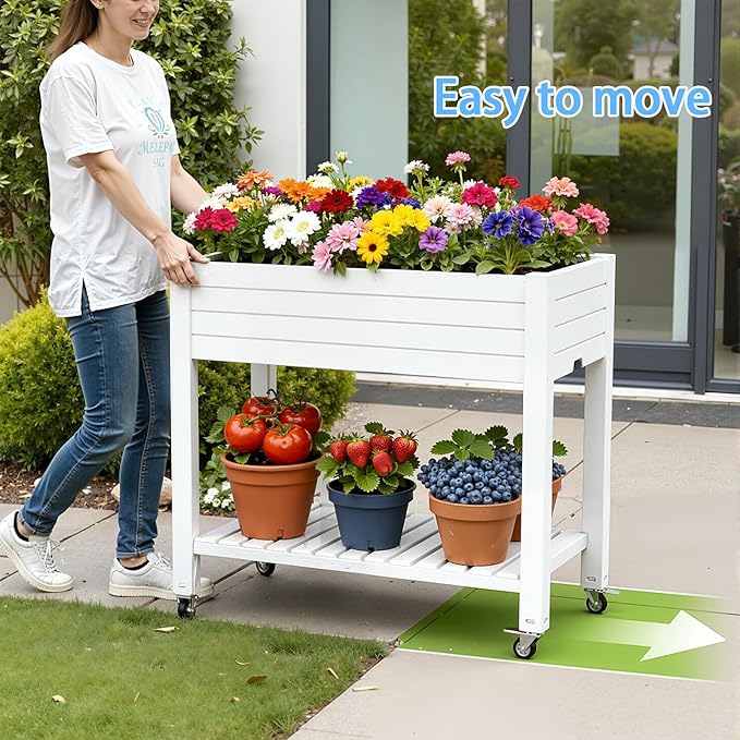 43 Elevated Garden Bed with Wheels &amp Legs 78L/21 Gal Large Raised Planter Box with Drainage &amp Water Level Indicator Mobile Herb Garden Kit for Patio &amp Balcony Grayish-White