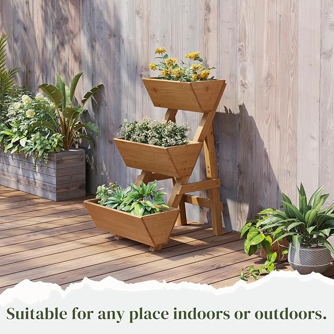 3-Tier Wooden Vertical Raised Garden Bed with Legs Tiered Planter Box Vertical Garden PlanterWood Plant Stand Wood Flower Rack for Patio Balcony Freestanding. (Brown-Small)