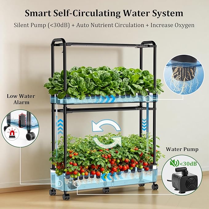 Large Hydroponics Growing System Kit 32 Pods Vertical Hydroponic Garden with 32 Large Buckets 32L Indoor Garden System for Herb Vegetable Fruit with 2 Light Modes Auto Circulating Water System