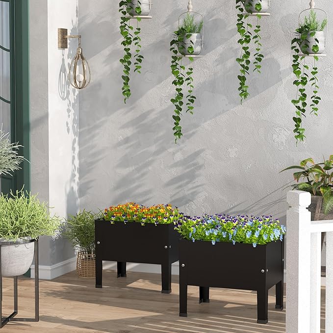 aboxoo 2 Packs 14 Inch Small Planter Raised Garden Bed with LegsOutdoor Metal Planter Box for PatioElevated Garden Bed for Vegetables Flower Herb(Black)