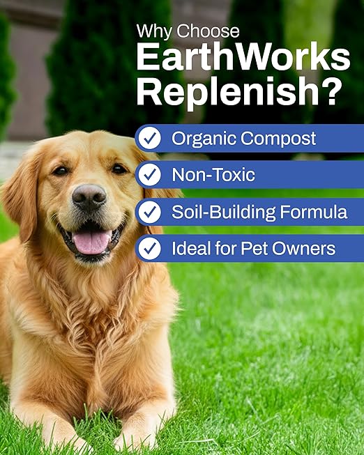 EarthWorks EW4H Replenish Lawn Fertilizer (8-2-2) Organic Compost Grass Food Deep Root Turf Booster Year-Round Green Soil-Building Formula for All Seasons 25 lbs