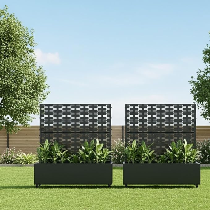 Casaphoria 47x47 Metal Raised Garden Bed with Trellis(2 Pack) Outdoor Planter Box with Wheels &amp Drainage Holes for Climbing Plants Flowers Elevated Garden Kit with Privacy Screen Black-Brick
