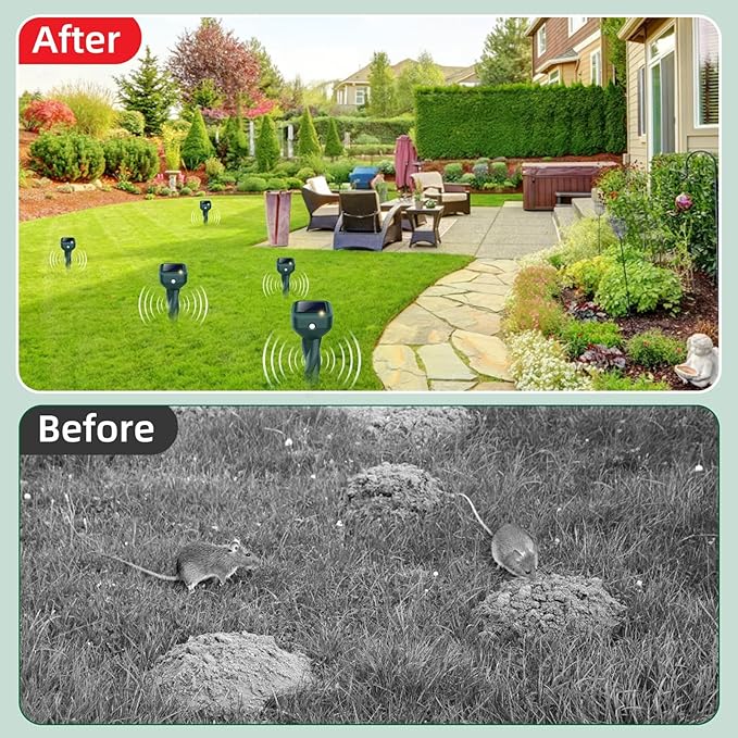 Mole Repellent Solar Powered 8 Pack Snake &amp Skunk Repellent for Yard IP 65 Waterproof Ultrasonic Deterrent Stakes Get Rid for Rabbit Gopher Vole Chipmunk Deer Groundhog for Lawns Garden
