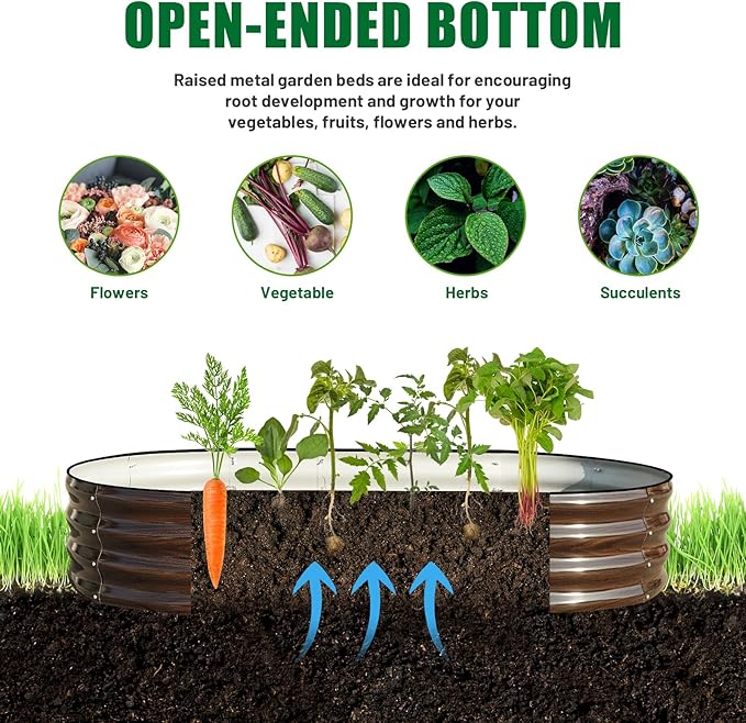 SnugNiture 2 Pcs 6x3x1ft Raised Garden Bed Kit Outdoor Oval Metal Garden Planter Ground Planter Box for Gardening Vegetables Flowers Brown
