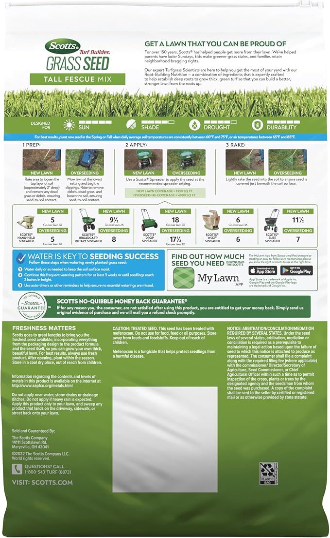 Scotts Turf Builder Grass Seed Tall Fescue Mix with Fertilizer and Soil Improver Resists Harsh Conditions 16 lbs.