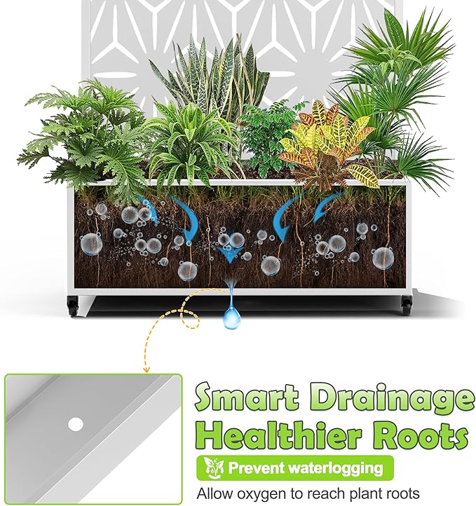 15.7×70.9×35.4 Metal Raised Garden Bed with Trellis and Wheels - Tall Trellis Planter Box for Climbing Plants Vegetables &amp Vines - Outdoor Privacy Planters for Patio (White-Star)