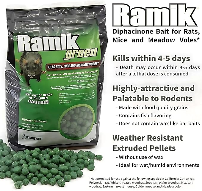 Neogen Ramik Green Fish Flavored Weather Resistant Rodenticide Nuggets 4 lb bag (00615)